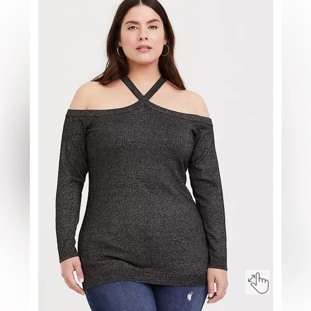Torrid Black Metallic PULLOVER CROSS NECK COLD SHOULDER SWEATER 1X (14-16)